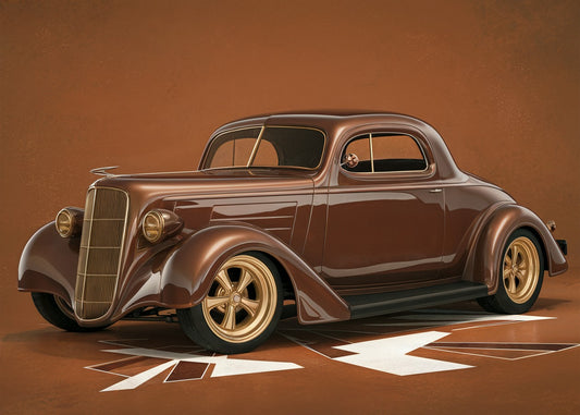 1935 Ford Window Hot Rod Coupe in light brown with a glossy finish, featuring a retro design that embodies the classic car's timeless beauty.