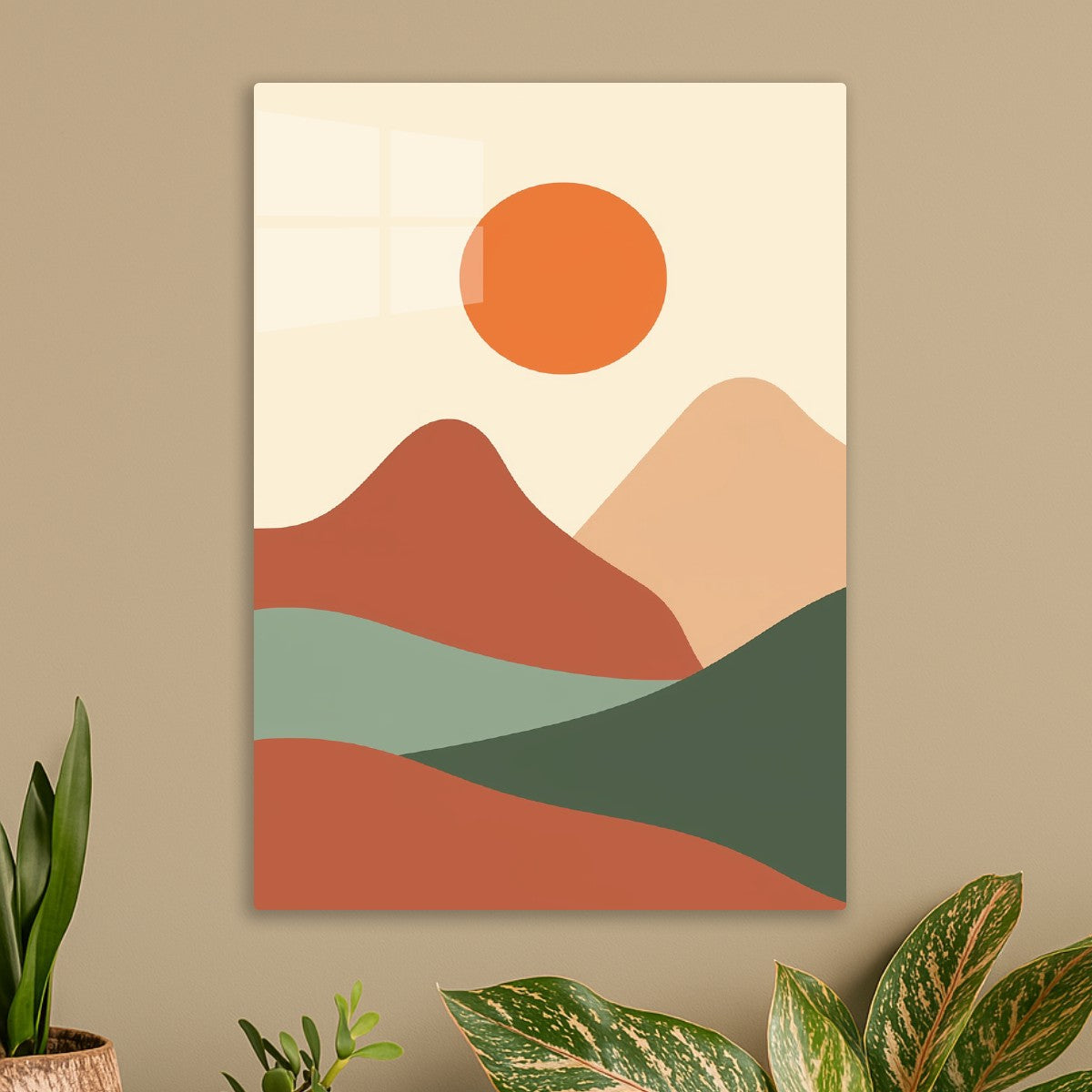 Geometric sun and mountains