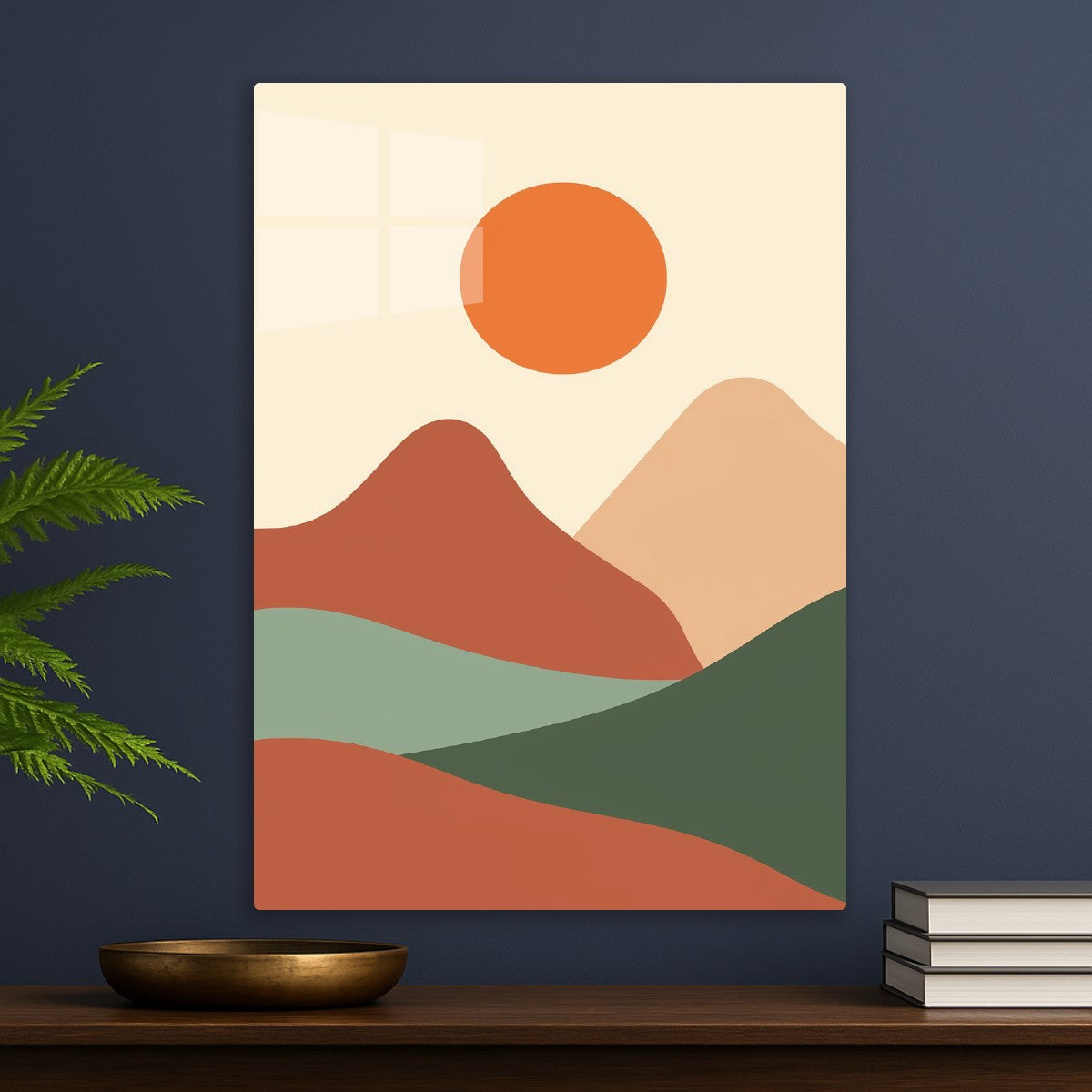 Geometric sun and mountains