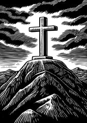 Woodcut Mountain Cross