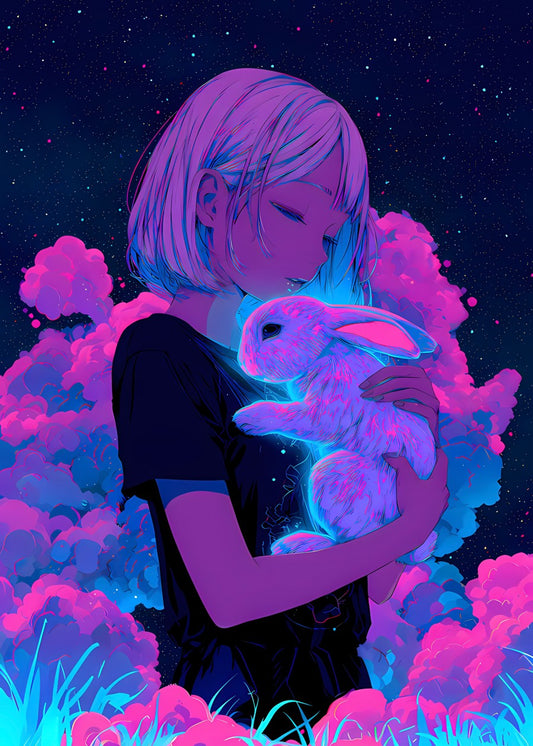 Neon Anime Girl With Bunny