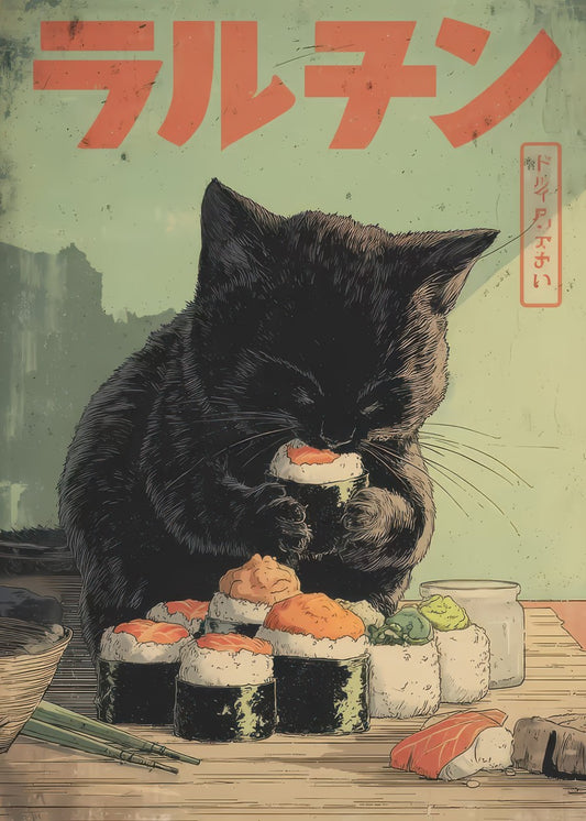 Black cat eating sushi