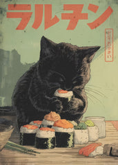 Black cat eating sushi