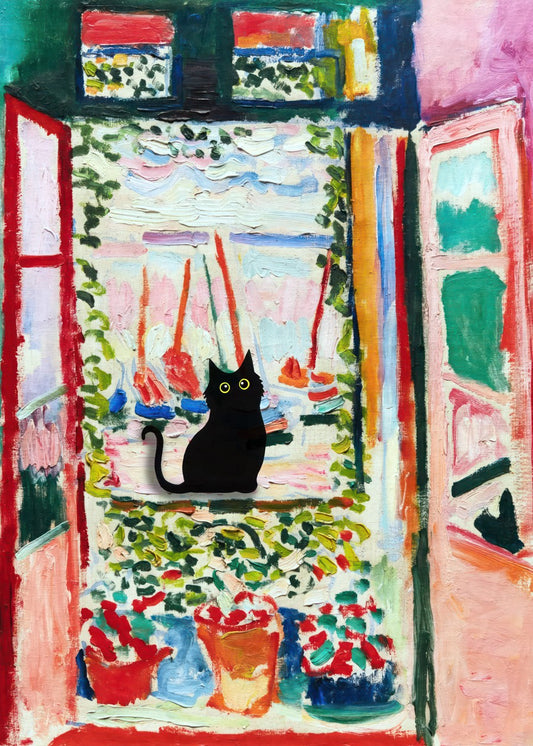 Black cat Open Window Art