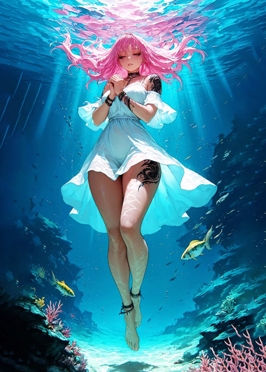 Pink Hair Anime girl in underwater