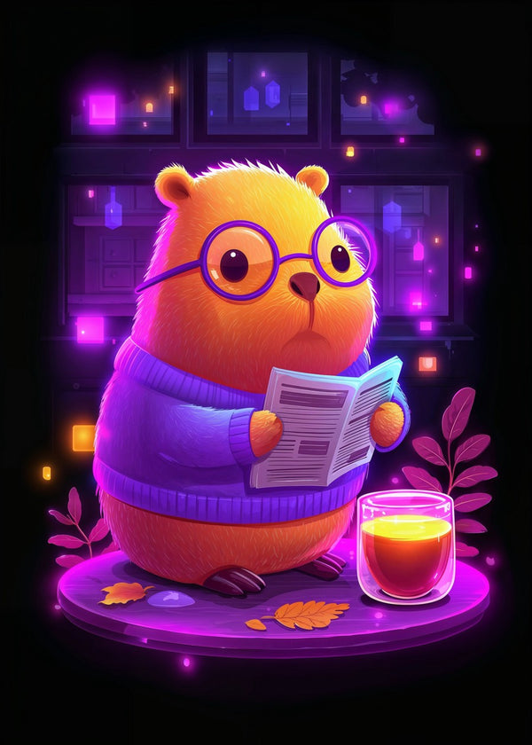 Neon Cozy Capybara Reading Tim