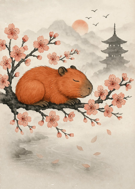 Capybara asleep on sakura limb