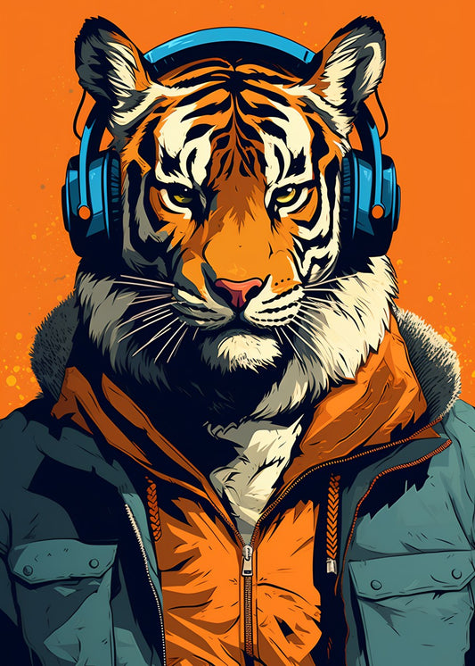 Animated Tiger listening music
