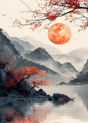 japan lakeview scenery red sun culture