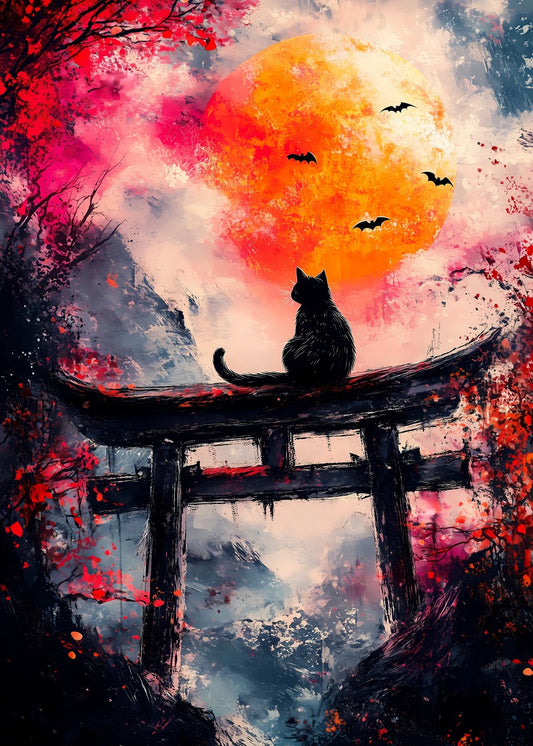 Mystical Evening of a Cat sitting on Torii Gate
