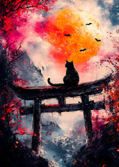 Mystical Evening of a Cat sitting on Torii Gate