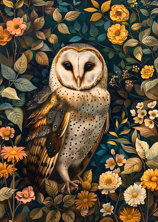 Beautiful owl in the garden art nouveau style