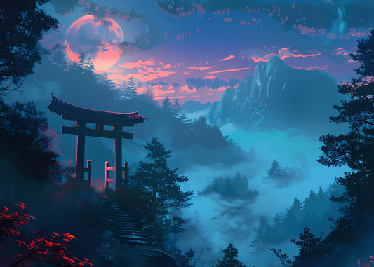 Crimson Moon Misty Mountains
