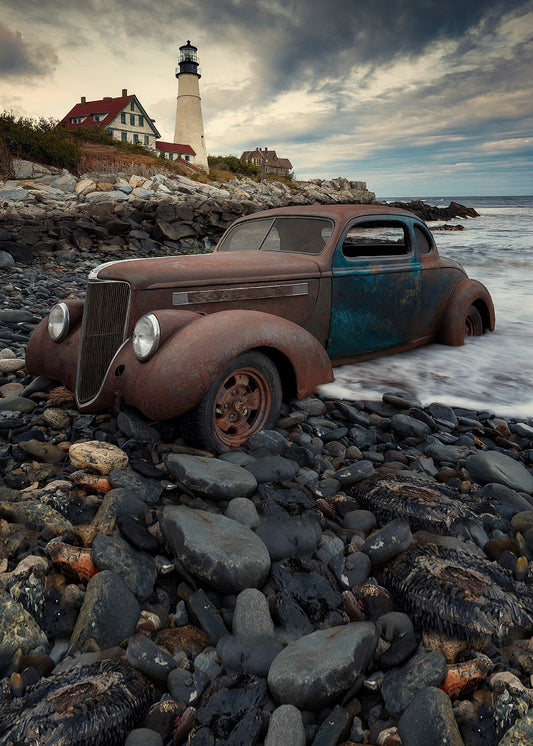 A striking realistic photograph of an abandoned, rusted car on the coast. The vehicle, weathered and worn, sits alone against the desolate backdrop of the sea, creating a somber and melancholic atmosphere. The contrast between the car and the vast, empty coastline evokes a sense of abandonment and isolation.