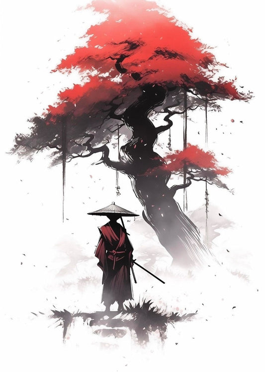 japanese ninja and red tree art
