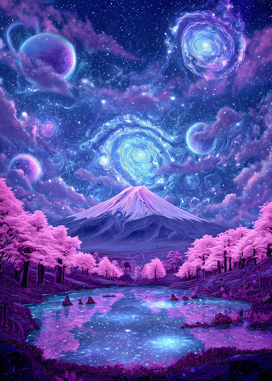 Mount Fuji Cherry Blossom Starry Night