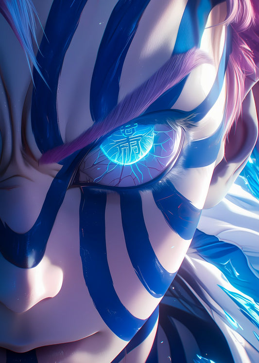 Akaza's face with glowing blue eyes, showing a fierce and angry expression, evoking a sense of mystery and danger.