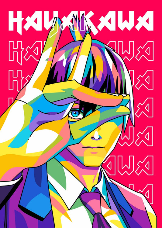 A striking WPAP-style illustration of Aki Hayakawa from Chainsaw Man. This artwork uses sharp, angular shapes and vibrant colors to highlight Aki’s intense personality and determination, capturing the essence of his character in a bold, modern style.