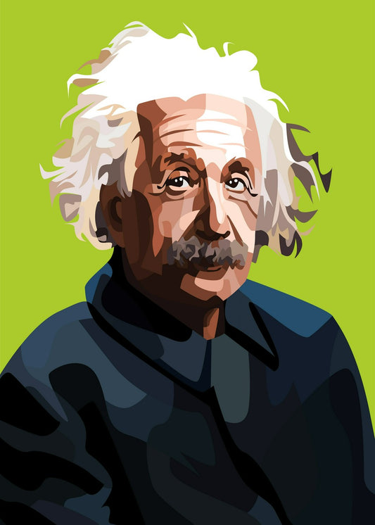  Vexel art of Albert Einstein with white hair, set against a green background, with bright, lively colors emphasizing his iconic features.