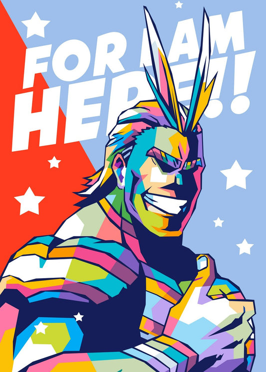 A bold and colorful WPAP-style illustration of All Might from My Hero Academia. The artwork features sharp geometric shapes and vibrant tones, emphasizing his heroic presence in a striking and modern pop-art aesthetic.
