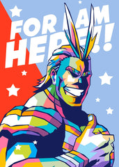 A bold and colorful WPAP-style illustration of All Might from My Hero Academia. The artwork features sharp geometric shapes and vibrant tones, emphasizing his heroic presence in a striking and modern pop-art aesthetic.
