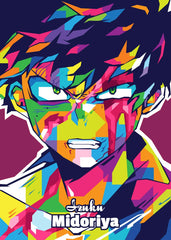 A striking WPAP Pop Art illustration of Deku (Izuku Midoriya) from My Hero Academia. The artwork features sharp geometric shapes and vibrant colors, highlighting his intense anger and power, with piercing eyes that reflect his unyielding determination.
