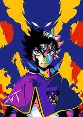 A striking WPAP-style illustration of Asta from Black Clover, featuring vibrant, eye-catching colors and strong visual impact. The artwork showcases his fiery determination and powerful presence, capturing the intensity of his journey to become the Wizard King.