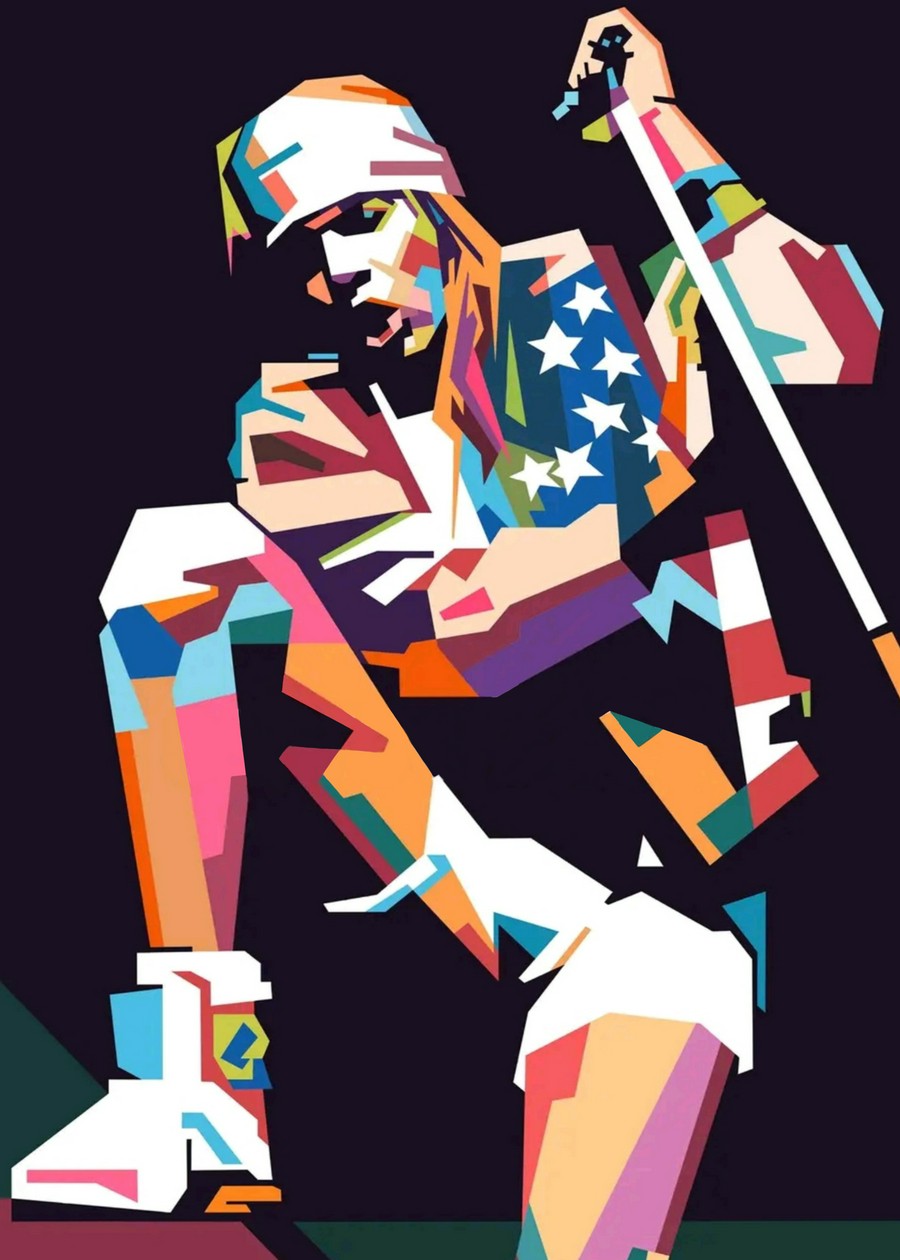 Axl Rose in WPAP art, featuring sharp geometric shapes and vibrant colors to highlight his legendary rock star persona.