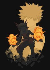  A fierce illustration of Bakugo Katsuki from My Hero Academia. The artwork captures his explosive energy, with vibrant red and orange tones symbolizing his fiery power.