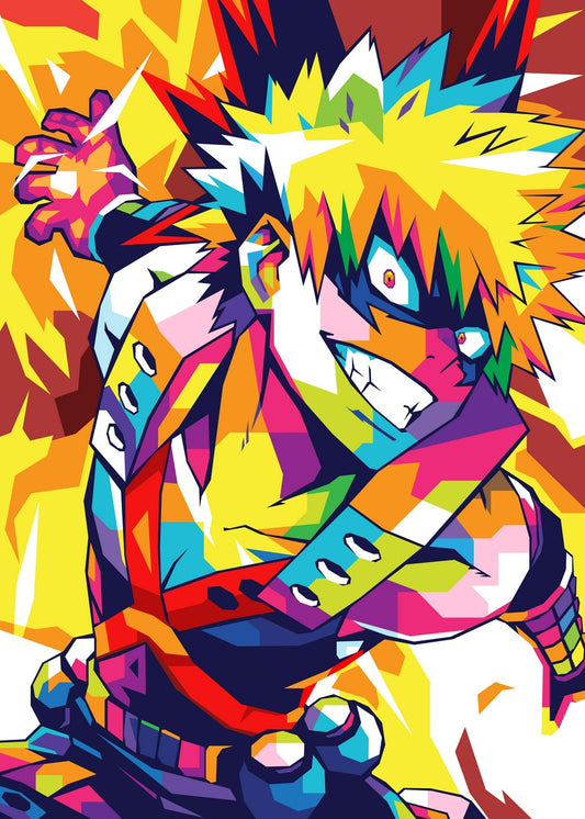 A bold and colorful WPAP-style illustration of Bakugou from My Hero Academia. The artwork features sharp geometric shapes and vibrant tones, capturing his explosive personality and fierce determination in a striking, modern pop-art aesthetic.