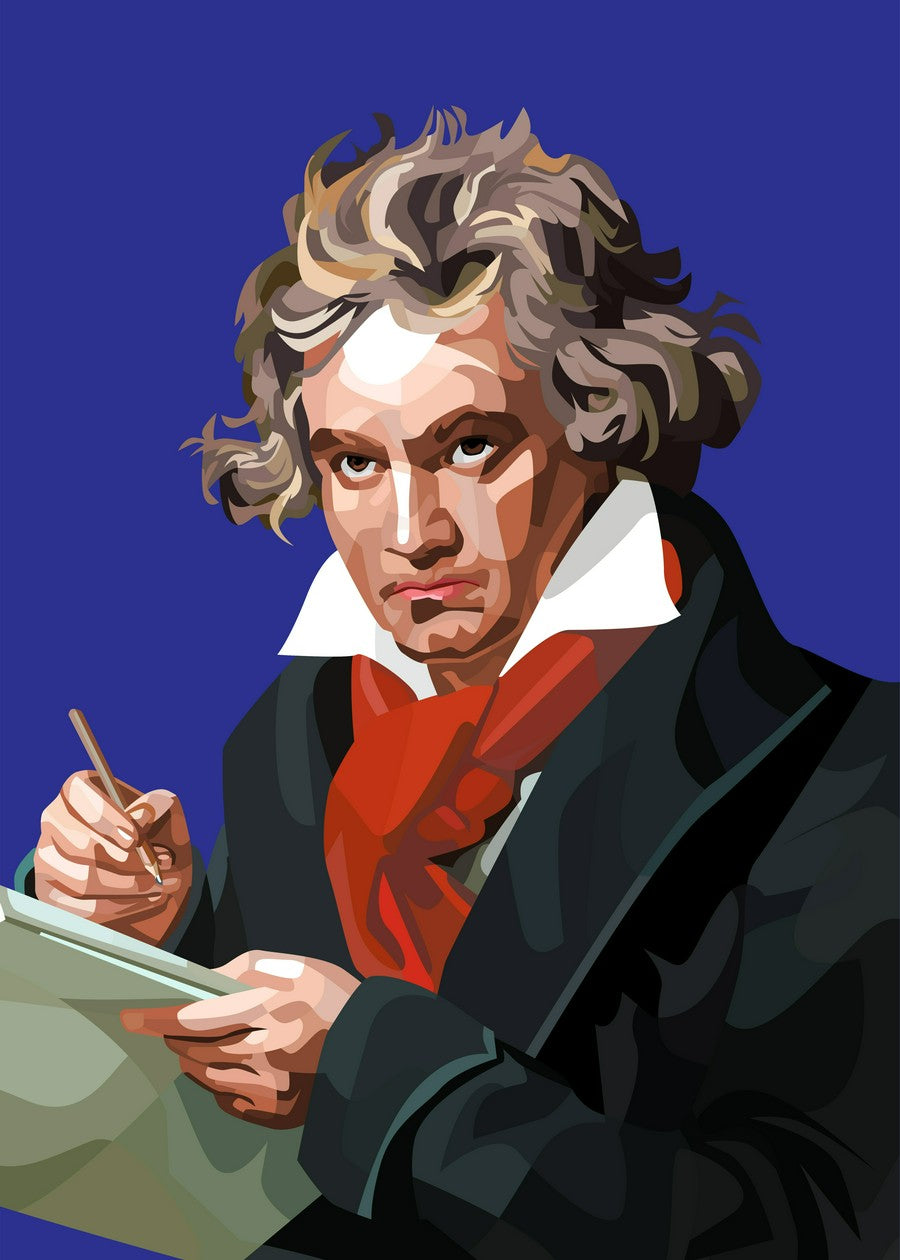 Vexel art portrait of Beethoven, showcasing his classic features with bold lines and vibrant colors.