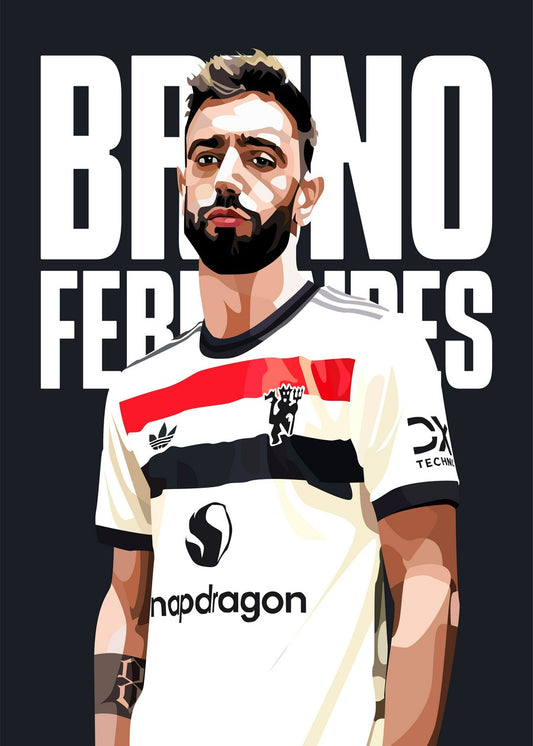 Vexel art portrait of Bruno Fernandes, a football player from Manchester United, highlighting his skill and dedication in a dynamic and colorful design.