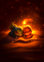 Bulbasaur and Charmander resting together, showing a strong bond of friendship from Pokémon.