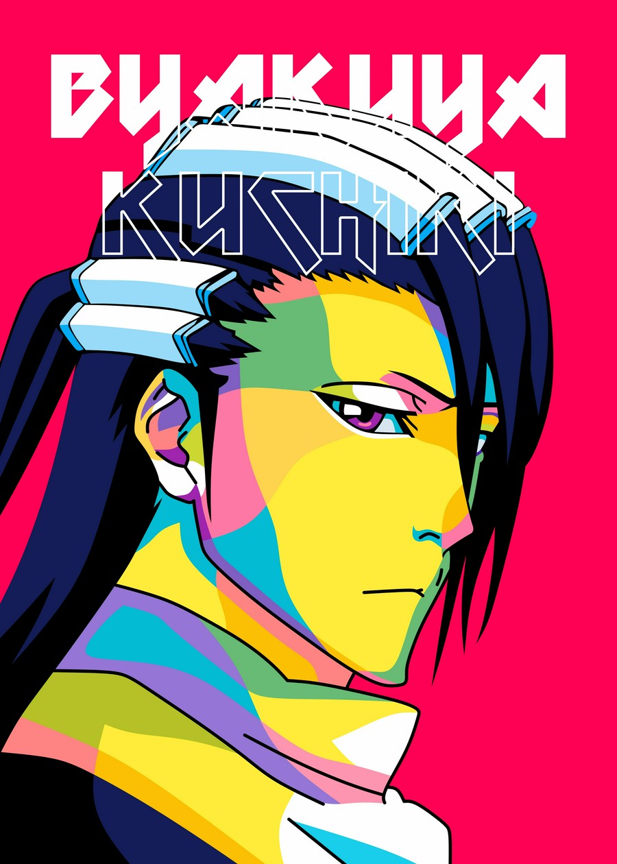 A bold and colorful WPAP-style illustration of Byakuya Kuchiki from Bleach. The artwork features sharp geometric shapes and vibrant tones, capturing his calm yet commanding presence in a striking and modern pop-art aesthetic.
