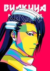 A bold and colorful WPAP-style illustration of Byakuya Kuchiki from Bleach. The artwork features sharp geometric shapes and vibrant tones, capturing his calm yet commanding presence in a striking and modern pop-art aesthetic.
