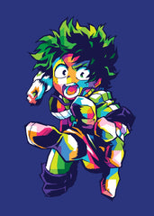 A bold WPAP-style illustration of Deku (Izuku Midoriya) from My Hero Academia. The artwork captures his determination and growth through vibrant geometric shapes and vivid colors, reflecting his journey from an uncertain hero to a symbol of strength.