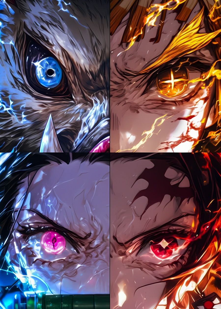 Close-up collage of the four main Demon Slayer characters' eyes, intense and full of fury.