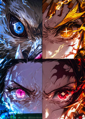 Close-up collage of the four main Demon Slayer characters' eyes, intense and full of fury.