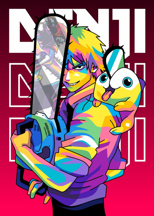 A striking WPAP-style illustration of Denji and Pochita from Chainsaw Man. The artwork uses bold geometric shapes and vibrant colors to capture the dynamic relationship between Denji and his beloved chainsaw devil companion, Pochita. The design emphasizes their unique bond and the energy of their partnership.

