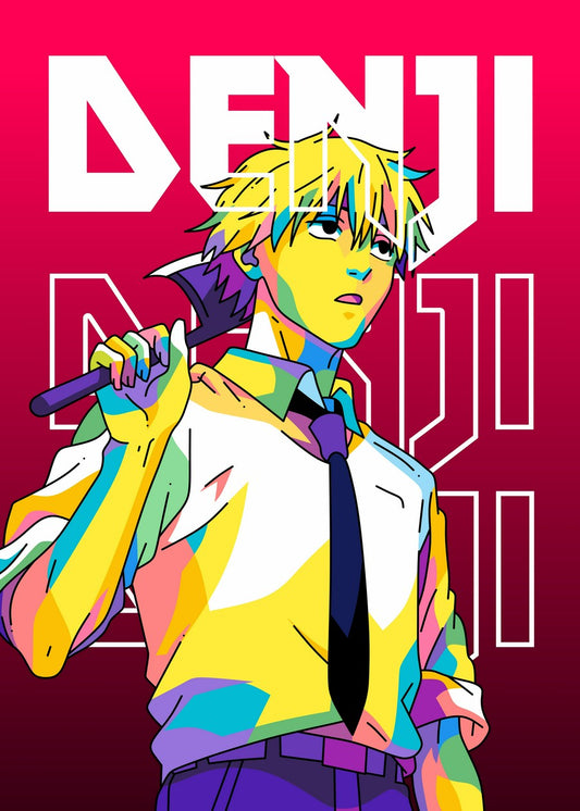 A striking WPAP-style illustration of Denji from Chainsaw Man. He casually rests an axe on his shoulder, exuding a cool and confident vibe. The bold geometric design and vibrant colors capture Denji's laid-back yet strong character, with a modern and edgy feel.