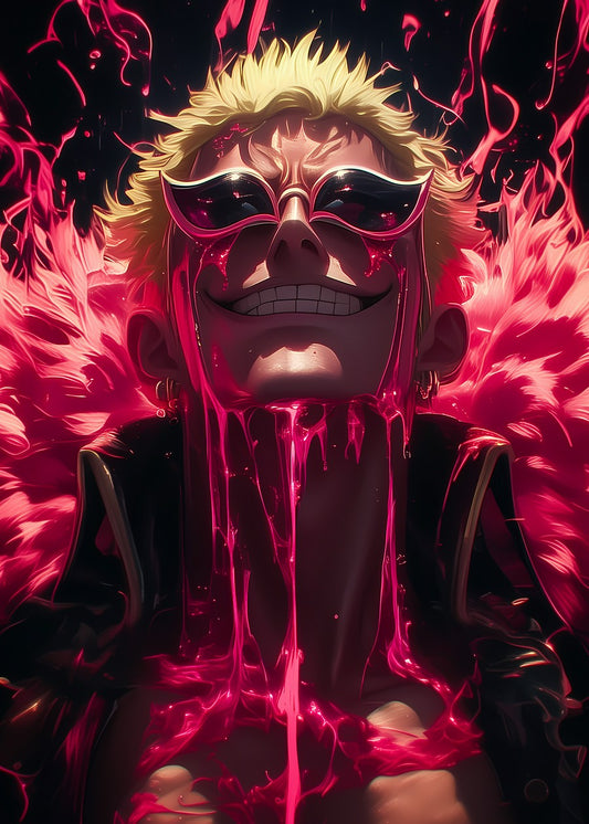 Doflamingo from One Piece with an evil grin surrounded by red flames, showcasing his insane and powerful character.