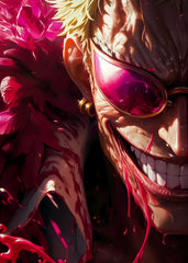 Close-up of Doflamingo laughing arrogantly, wearing sunglasses, with bright colors highlighting his villainous and smug personality.