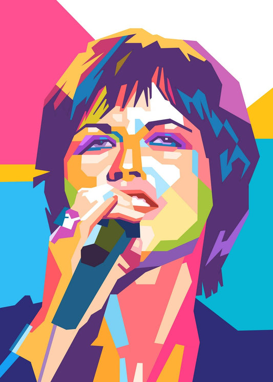 WPAP art illustration of Dolores O'Riordan singing with a microphone in hand.