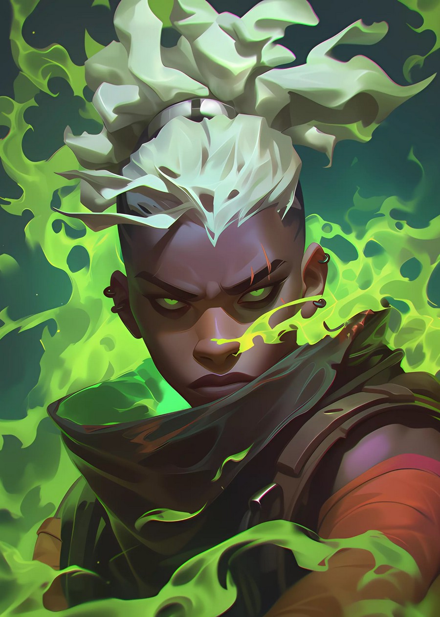 Ekko from Arcane, illustrated with green flames and a furrowed brow, showcasing his strength and determination in a dramatic pose.