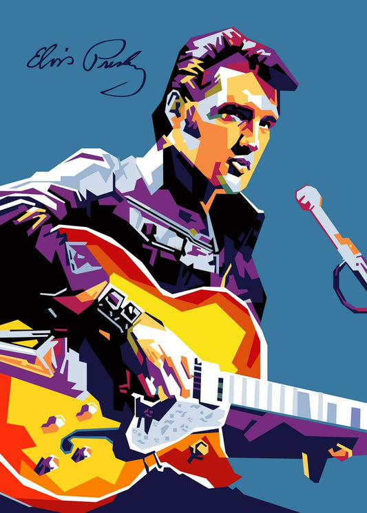  WPAP art illustration of Elvis Presley performing on stage with a guitar, surrounded by dynamic shapes and colors.