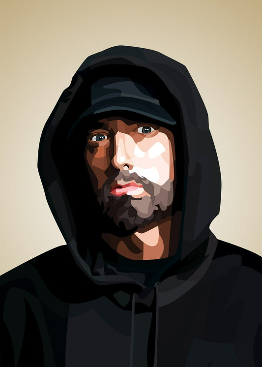 Eminem vector art, black hoodie, rapper, dynamic pose, bold lines, hip hop star.