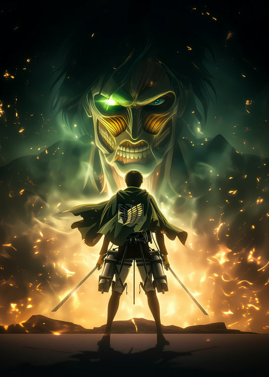  Eren Yeager holding a sword, facing the evil face of a Titan with dramatic lighting, conveying power and strength.