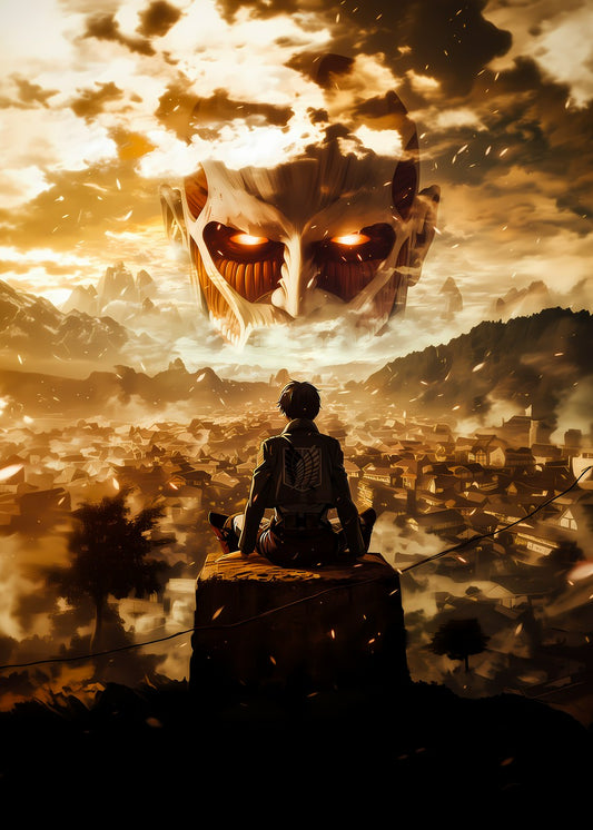 Eren Yeager facing a floating Titan's face from Attack on Titan, depicting strength and contrast.
