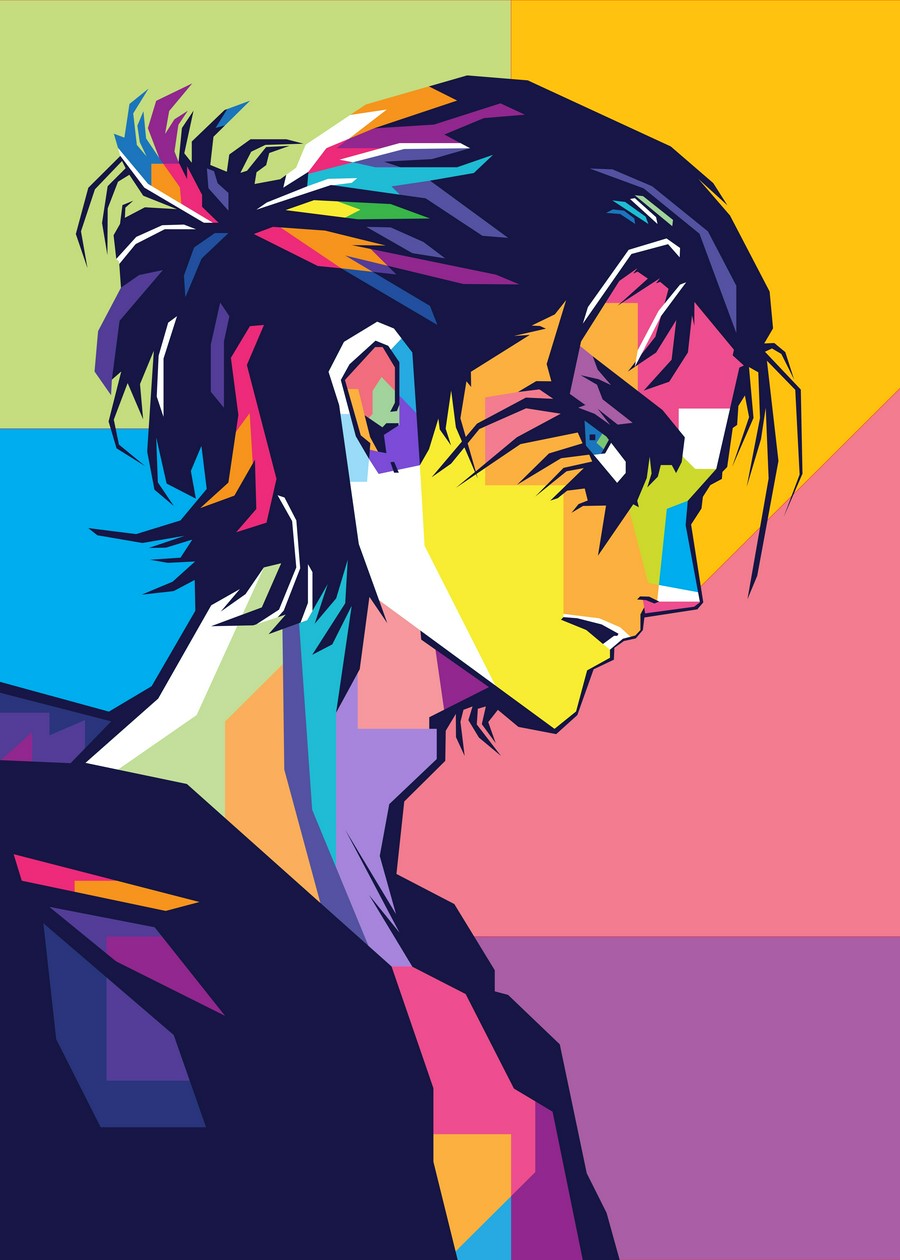 A bold WPAP-style illustration of Eren Yeager from Attack on Titan. The artwork uses sharp geometric shapes and vibrant colors to capture his intense transformation and inner conflict, reflecting his powerful resolve and unwavering determination.