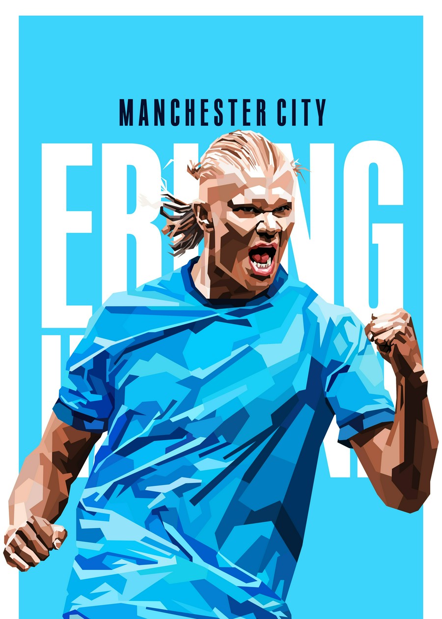 Vexel art of Erling Haaland, a football player from Manchester City, with a strong fist-clenching pose and blue tones showcasing his strength and determination.